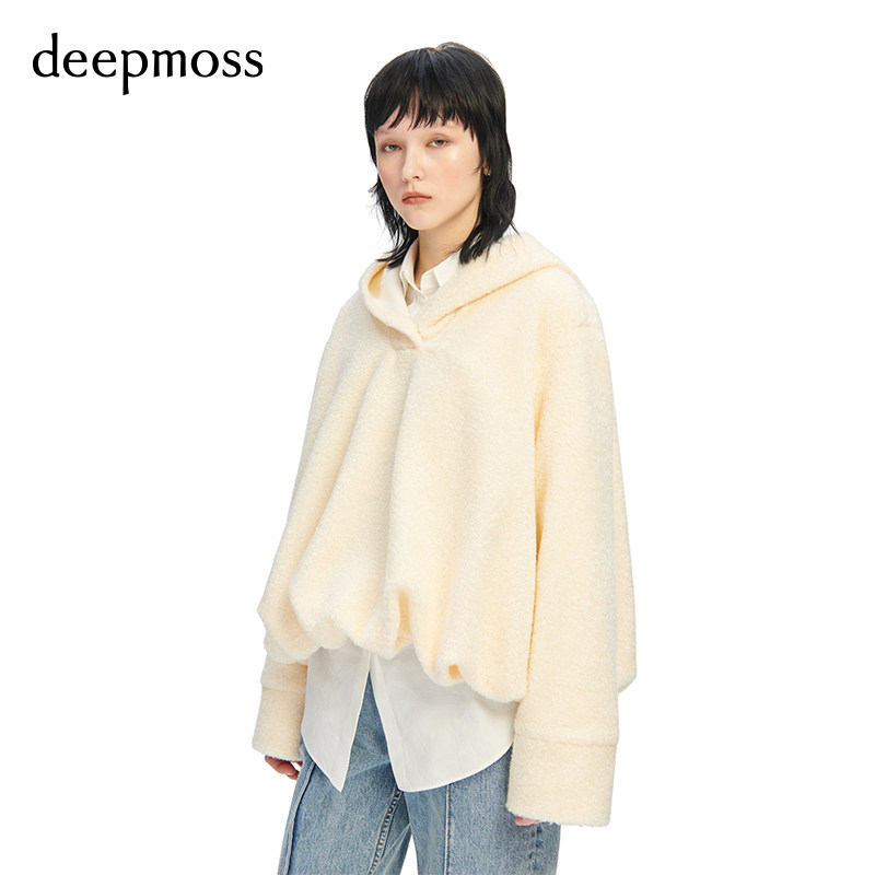 【deepmoss】休闲女装时尚复古潮流毛呢灯笼下摆连帽套头卫衣帽衫