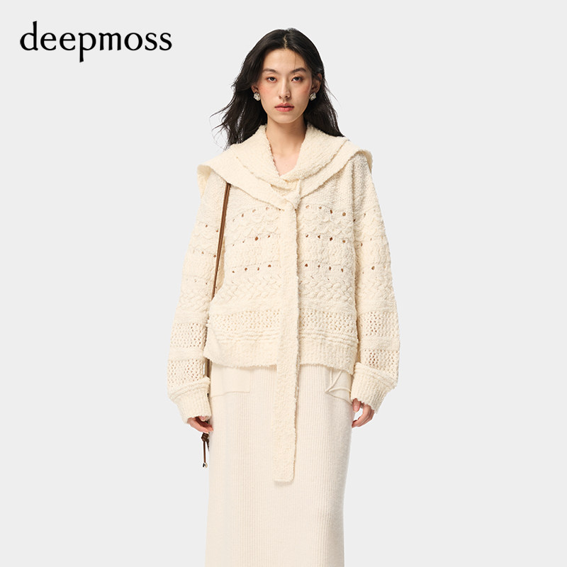 【deepmoss】优雅复古潮流女装时尚休闲气质糯糯纱叠襟翻领针织衫