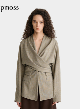 【deepmoss】2025秋冬新款女士设计感时尚燕麦色交叠收腰连袖衬衫