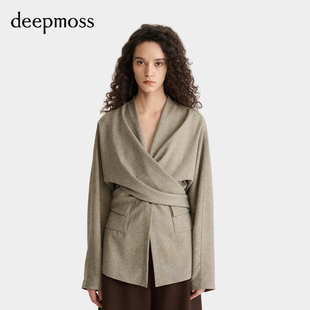 【deepmoss】2025秋冬女士设计感时尚燕麦色交叠收腰连袖衬衫