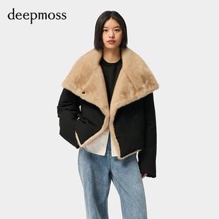优雅复古翻领拼接环保皮草90绒鹅绒羽绒服 deepmoss