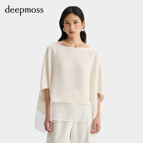 deepmoss云母白飘逸醋酸拼纱上衣