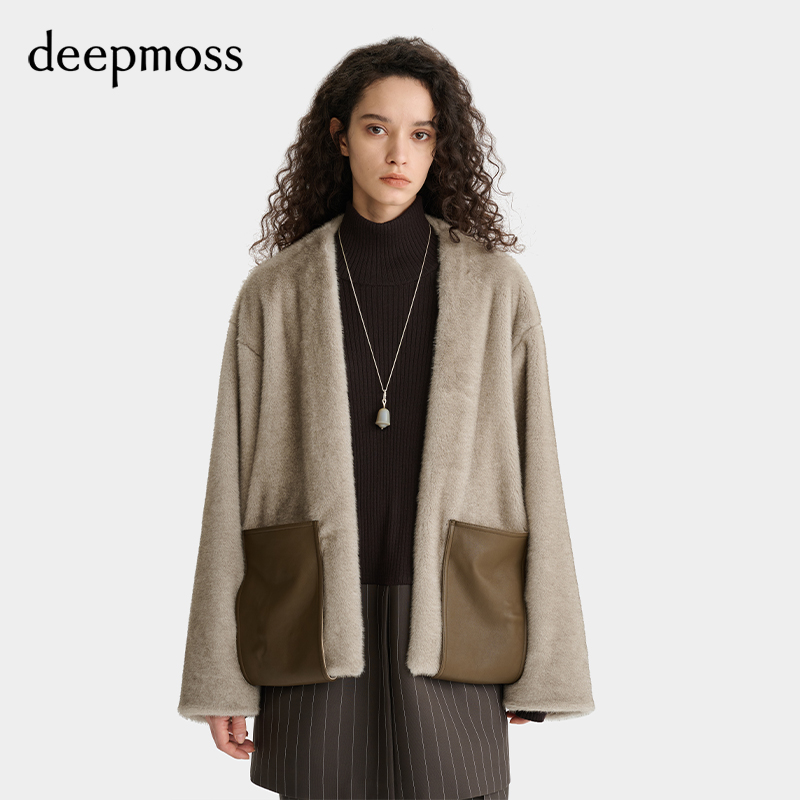 deepmoss燕麦色环保皮草廓形外套