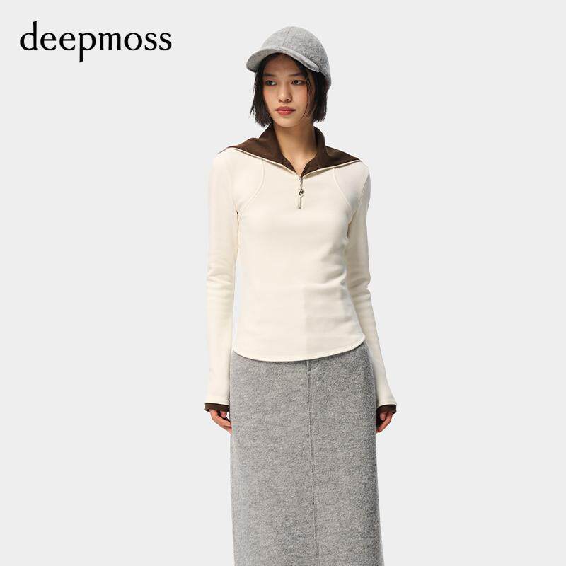 【deepmoss】优雅复古潮流女装时尚休闲气质加绒翻领收腰针织上衣