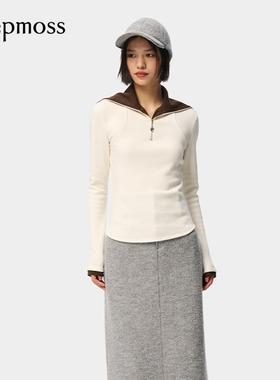 【deepmoss】优雅复古潮流女装时尚休闲气质加绒翻领收腰针织上衣