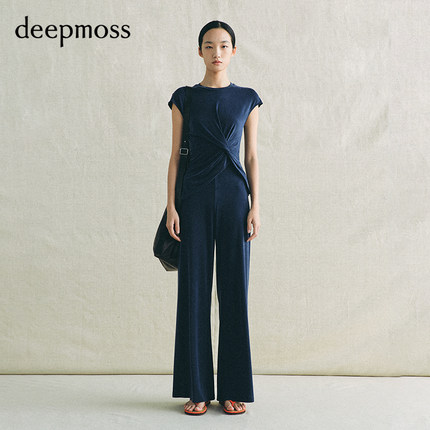 【deepmoss】2026春夏新品铜氨丝智性蓝羽绵扭褶短袖上衣裤子套装