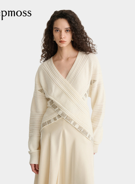 【deepmoss】2025秋冬新款女士设计感花式条纹交叠羊毛混纺上衣