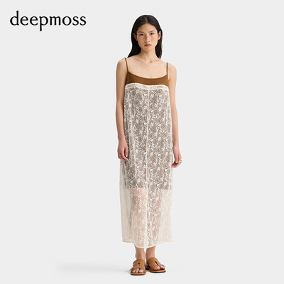 deepmoss雾白碎花蕾丝吊带连衣裙