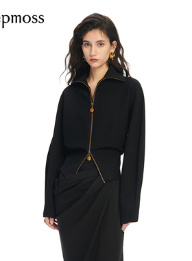 【deepmoss】女士复古潮流曜石黑翻领拉链上衣针织羊毛混纺短外套