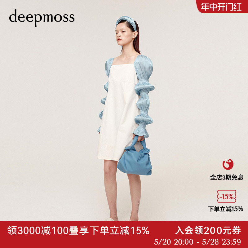 【deepmoss】水泽袖泡泡袖法式方领连衣裙直筒收腰修身女 女装/女士精品 连衣裙 原图主图