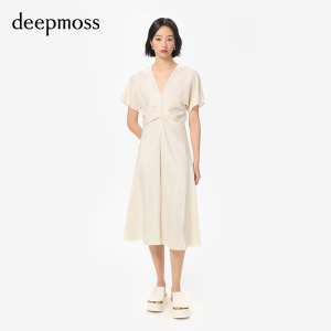 【deepmoss】气质淡人女装潮流优雅棉感水泽褶涧收腰连衣裙A字裙