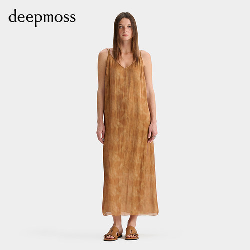 deepmoss陶棕印花吊带连衣裙