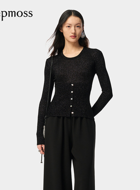 【deepmoss】优雅复古秋冬女装气质葱纱拼接针织衫圆领打底衫上衣