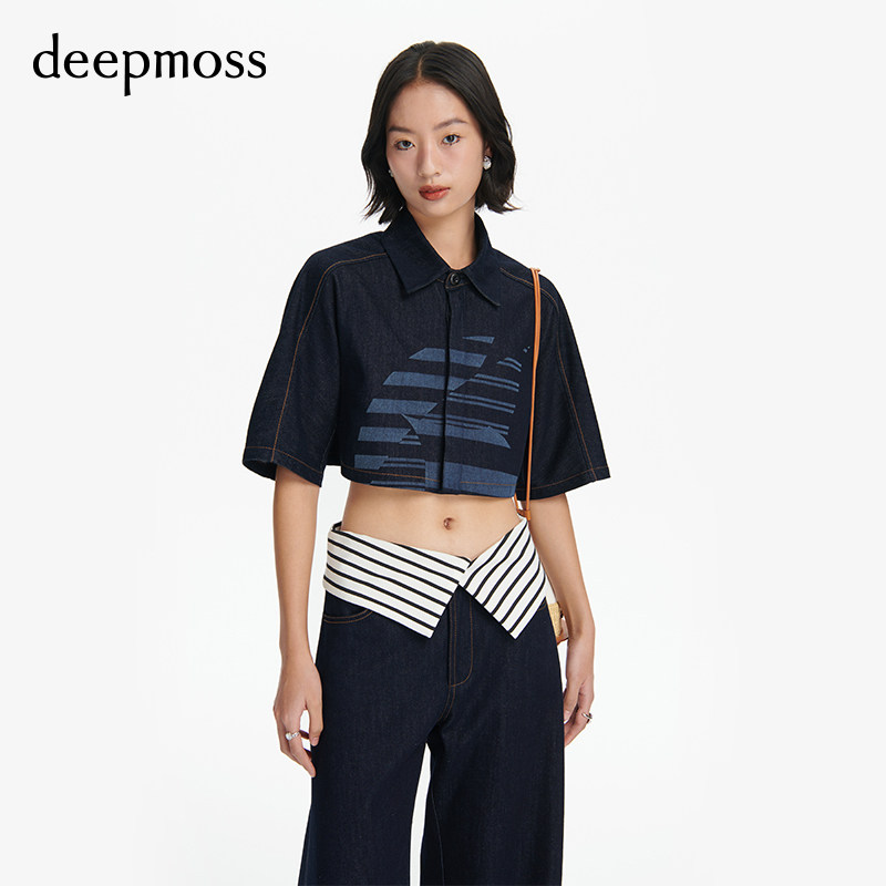 【deepmoss】优雅女装时尚复古潮流镭射船帆五分袖牛仔短外套上衣
