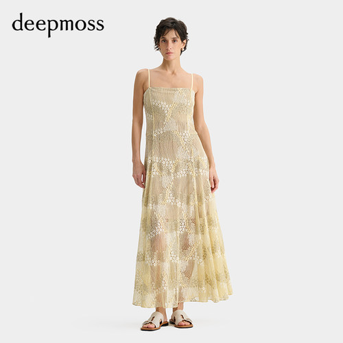 deepmoss嫩黄碎花蕾丝吊带连衣裙