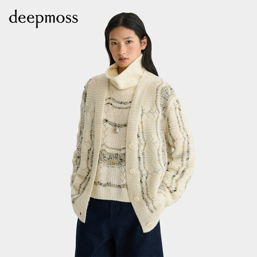 【deepmoss】女设计感白灰绞花开衫毛衣外套