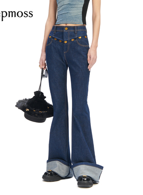 【deepmoss】休闲时尚复古潮流修身金币装饰牛仔高腰微喇裤女