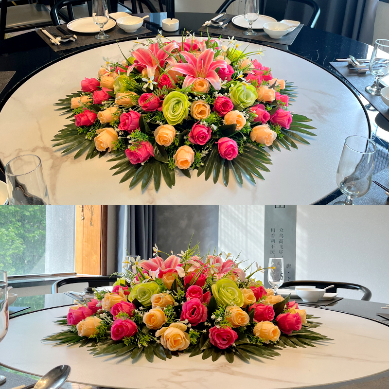 酒店圆桌中间摆花转盘摆设花艺