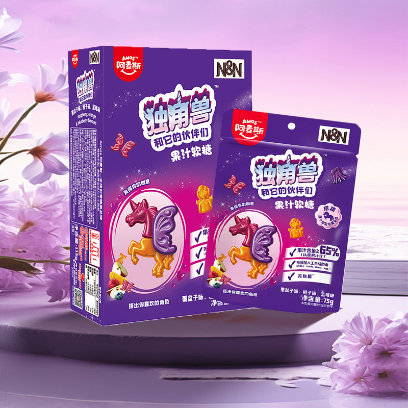 Amos阿麦斯独角兽和它的伙伴们65%果汁造型软糖联名儿童糖果零食