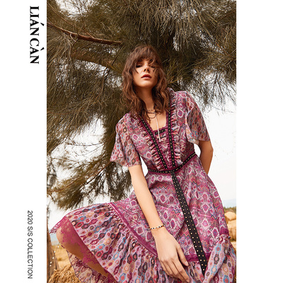 裂帛莲灿秋新波西米亚拼接蕾丝铆钉织带几何印花收腰雪纺连衣裙