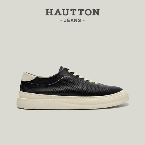 HauttonJeans冲孔透气真皮板鞋男