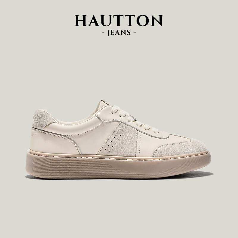 HauttonJeans拼色德训鞋男2026秋季新款真皮休闲男鞋百搭运动板鞋
