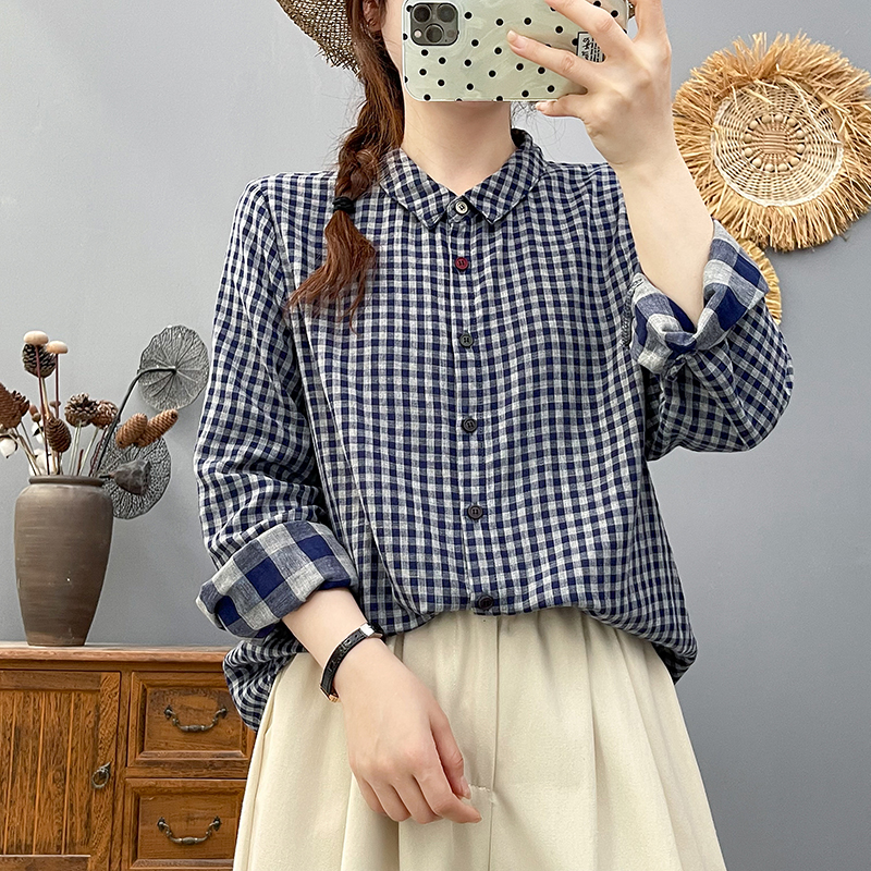 复古双层棉纱格子衬衫女