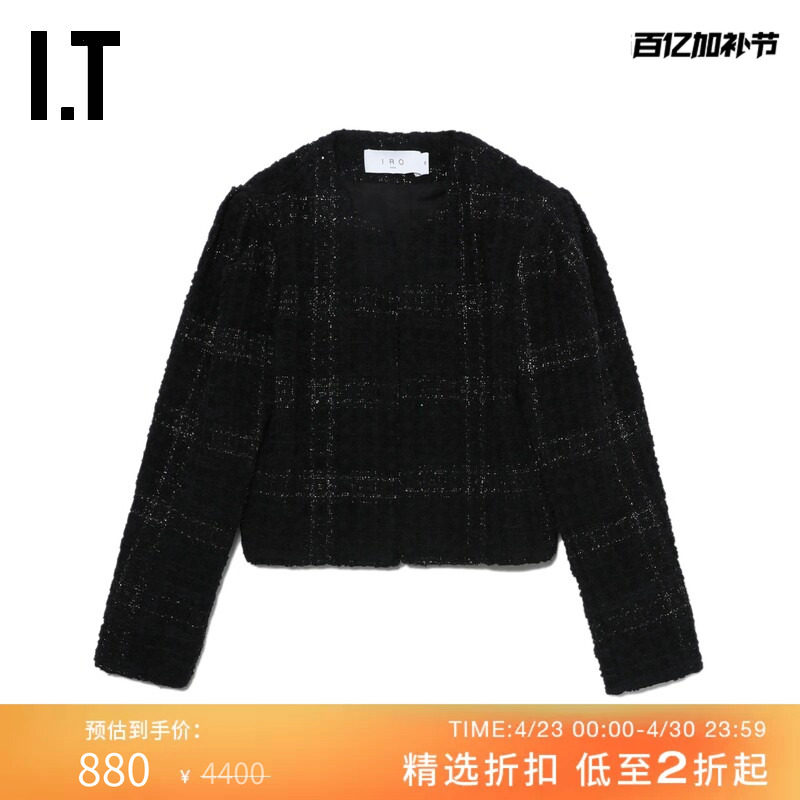 IT IRO女装格纹花呢夹克新款时髦精致合身圆领格子短外套SINALIXN