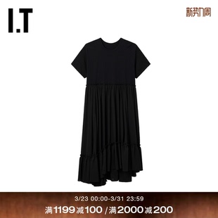 甜酷时尚 s女装 连衣裙新款 宽松拼接长裙D13BLKXQ 不对称短袖