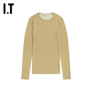 IT Tibi女装长袖T恤新品时髦优雅碎花中长款合身圆领打底衫7676XI