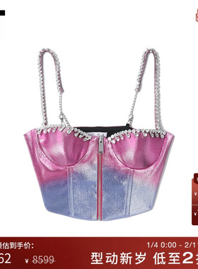 IT Area Nyc女装短款吊带胸衣欧美辣妹钻饰修身拉链上衣67A21