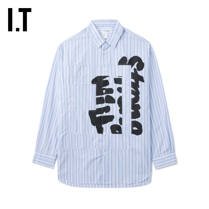 IT竖条纹长袖拼接衬衫时尚型男