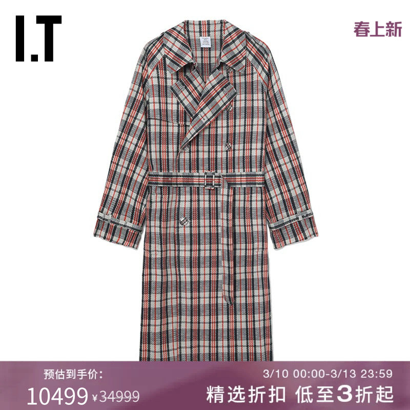 IT VETEMENTS男装长款格纹大衣新品个性时髦饰腰带翻领外套O280B