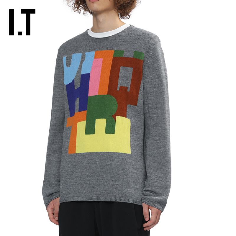 IT彩色字母图案拼色圆领针织衫