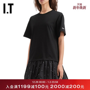 连衣裙新款 假两件短袖 青春甜美叠层拼接花苞裙T恤短裙 SEA女装