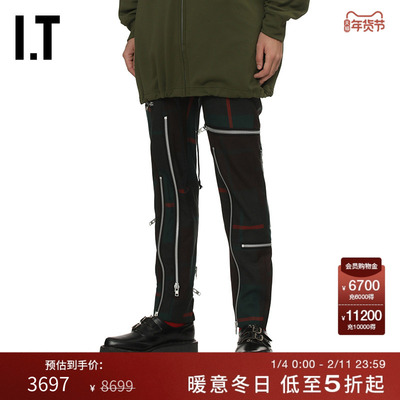 IT拉链装饰合身格纹长裤