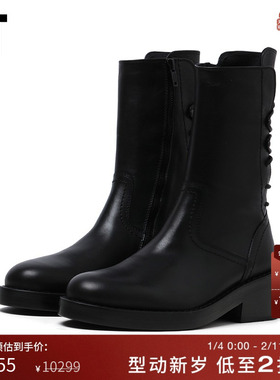 IT Ann Demeulemeester女款中筒靴新品时髦摩登系带粗跟皮靴02380