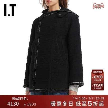 IT ADER error女装毛呢连帽大衣新款时髦气质缝线装饰呢子外套