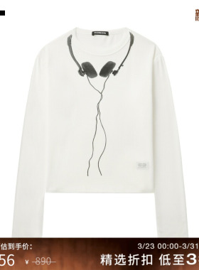 IT GROUNDZERO女装修身长袖T恤圆领新款辣妹耳机印花上衣TE0060