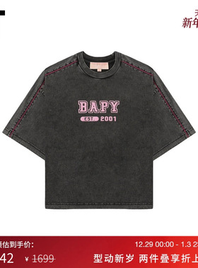 IT BAPY女装磨白做旧短袖T恤新款随性复古短款圆领半袖TE1244AO
