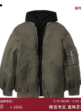 IT GROUNDZERO情侣款假两件连帽夹克新款潮酷有型棉服飞行员外套