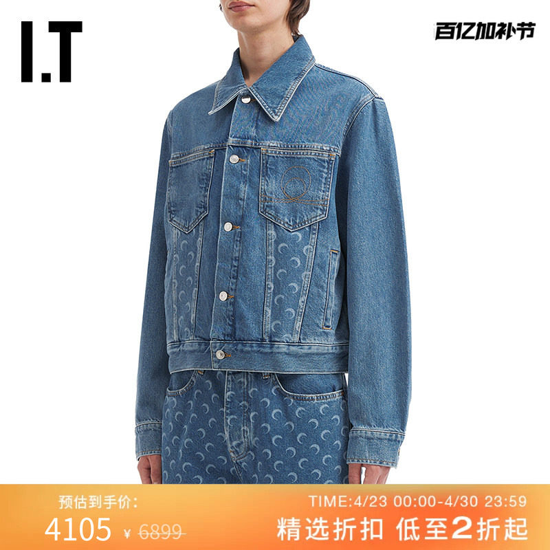 IT MARINE SERRE男装翻领牛仔夹克新款潮酷有型新月图案水洗外套