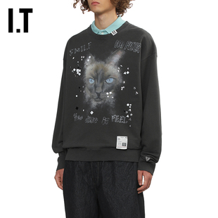 IT Mihara Yasuhiro男装圆领卫衣新款复古酷感猫咪图案装饰上衣