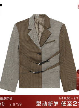 IT ROKH女装千鸟格纹西装夹克时尚复古饰绊带收腰拼接外套5CA132X