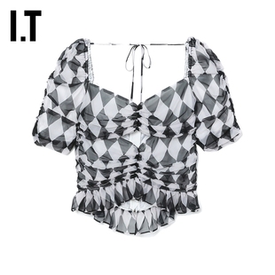 IT pushBUTTON女装短袖上衣新品摩登菱格纹短款露背微透20212WXI