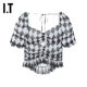 pushBUTTON女装 短袖 上衣新品 摩登菱格纹短款 露背微透20212WXI