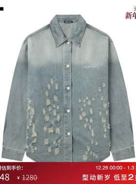 IT GROUNDZERO情侣款牛仔长袖衬衫新款复古街头渐变色磨损上衣