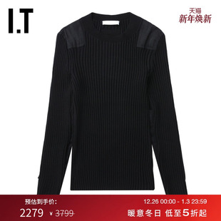 修身 LANG女装 圆领针织衫 新款 气质竖纹坑拼接薄毛衣 时尚 HELMUT