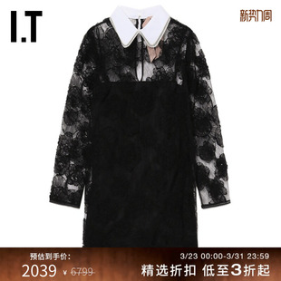 连衣裙新款 翻领九分袖 优雅气质蕾丝刺绣微透短裙034C0H N21女装