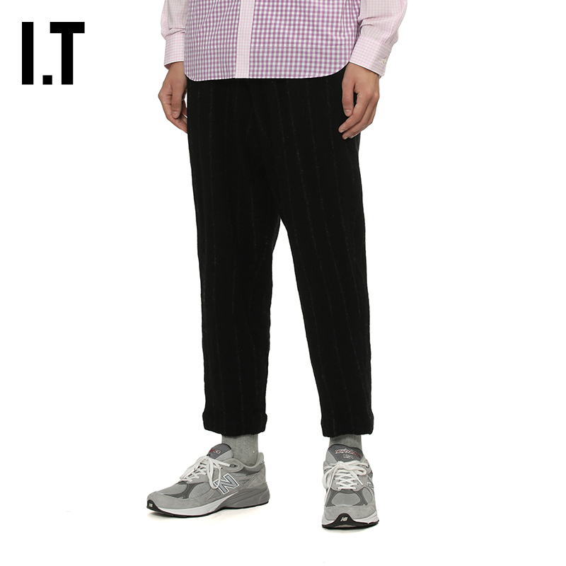 IT条纹毛呢西装裤露踝裤